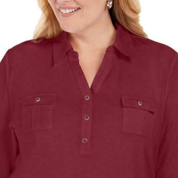 𝅺karen Scott Plus Size Cotton 3/4-Sleeve Polo Top - Picture 2 of 2